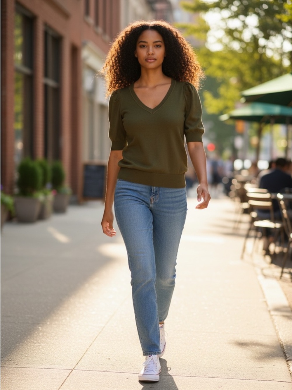 Vine & Love Olive Green V Neck Puff Sleeve Knit Top Women’s Size Small